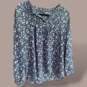 Adrianna Papell Lightweight Blue Floral Georgette Blouse Long Sleeve Size Small